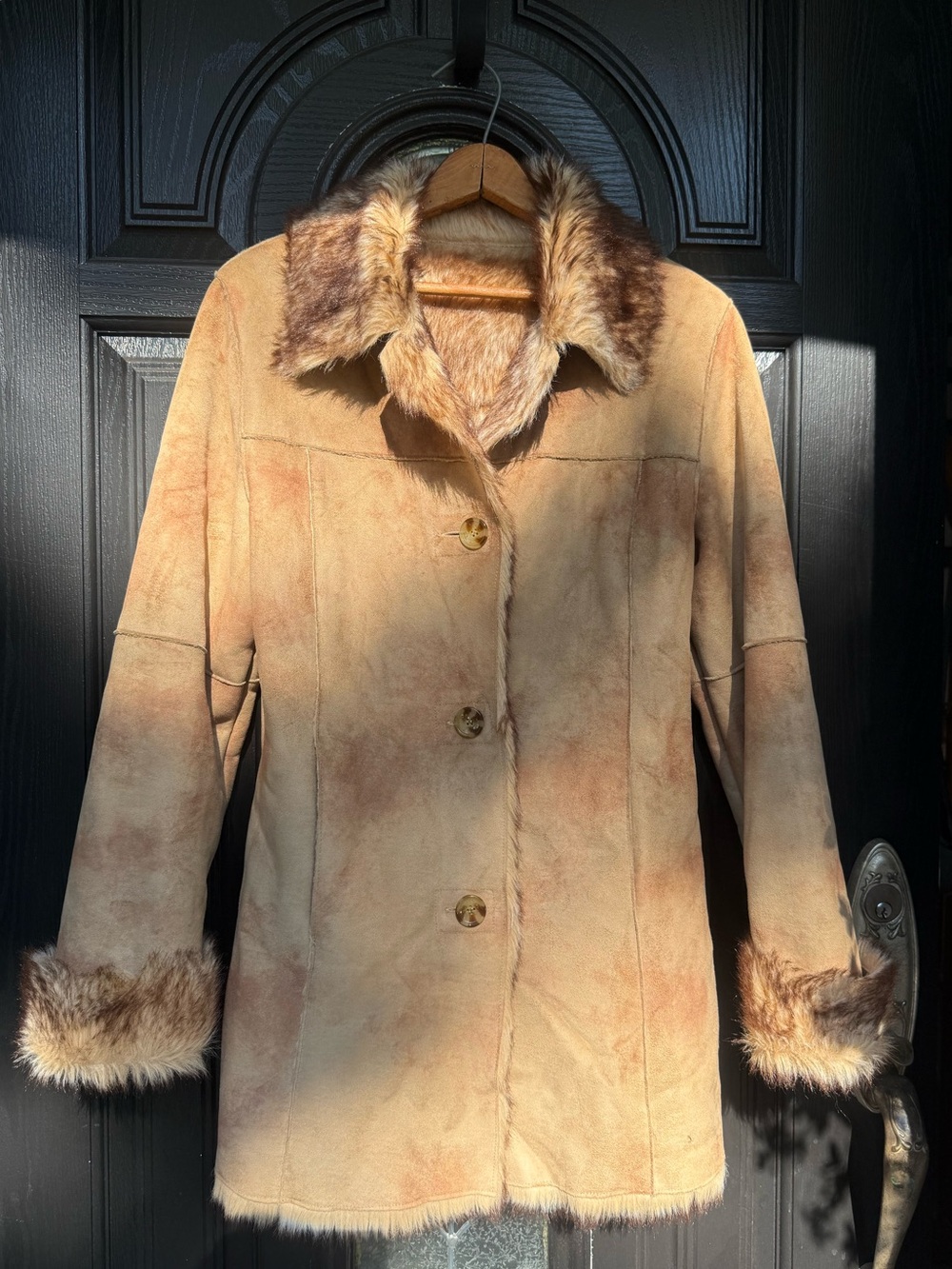 Athleta Tan Faux-Suede Teddy Jacket with Faux-Fur Trim